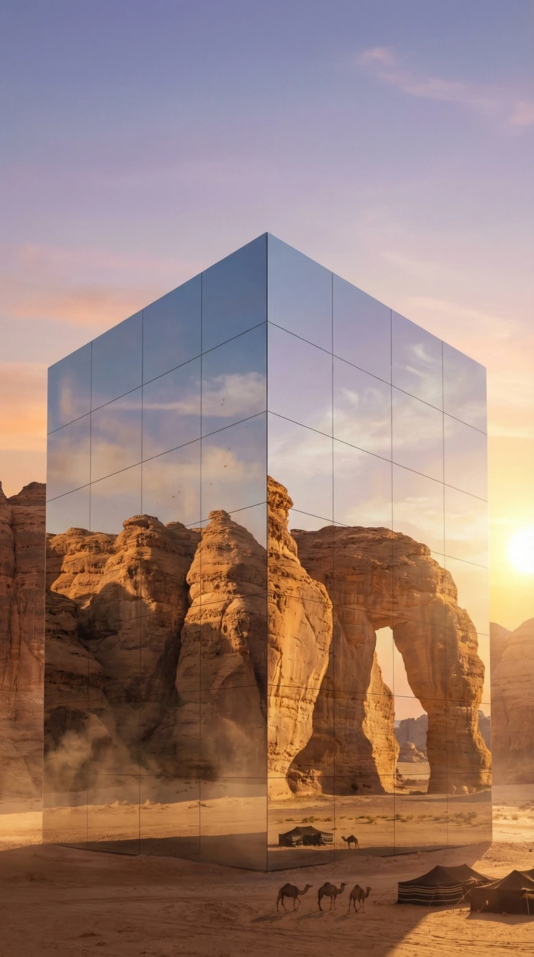 Maraya, AlUla — A mirror cube reflecting Hegra's ancient sandstone kingdom.