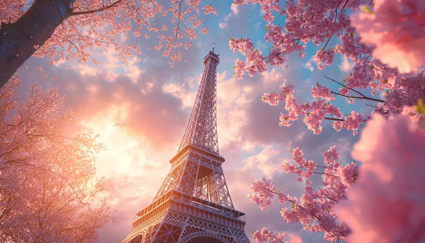 Eiffel in Blossom — Paris in spring — iron lace framed by cherry blossoms.