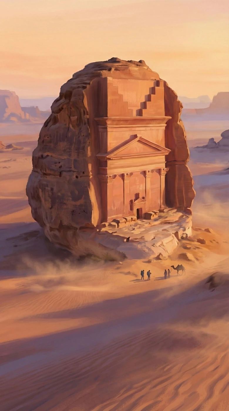 Hegra, AlUla — The lonely tomb of Lihyan, son of Kuza — carved from one rock.
