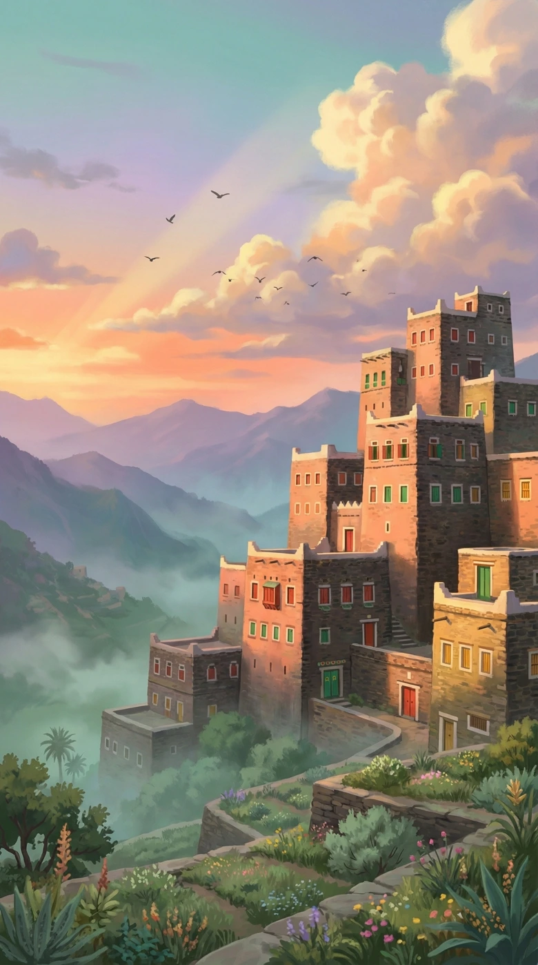 Rijal AlMaa Heritage Village — Stone towers of Asir, glowing at dusk in the mountain mist.