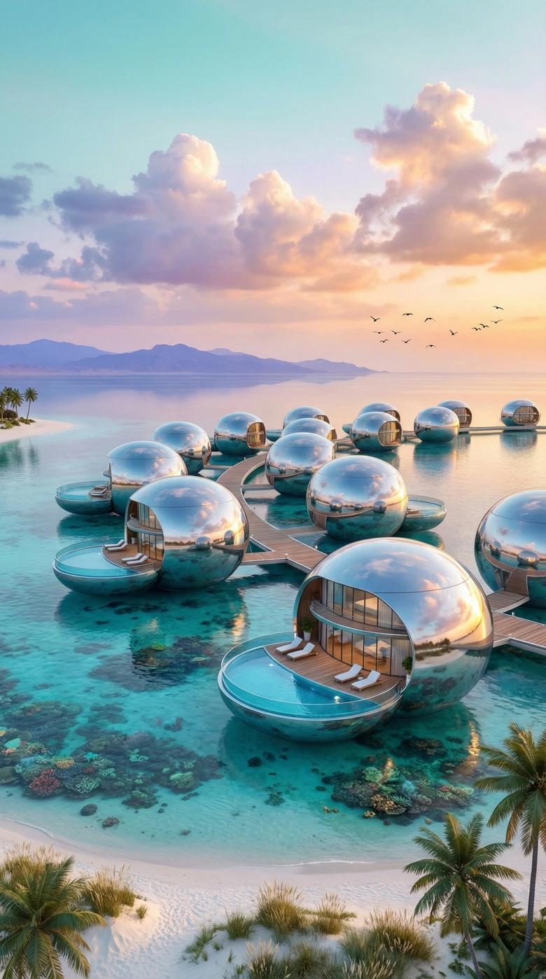 Overwater Spheres — A futuristic lagoon resort — chrome pearls on turquoise reef.