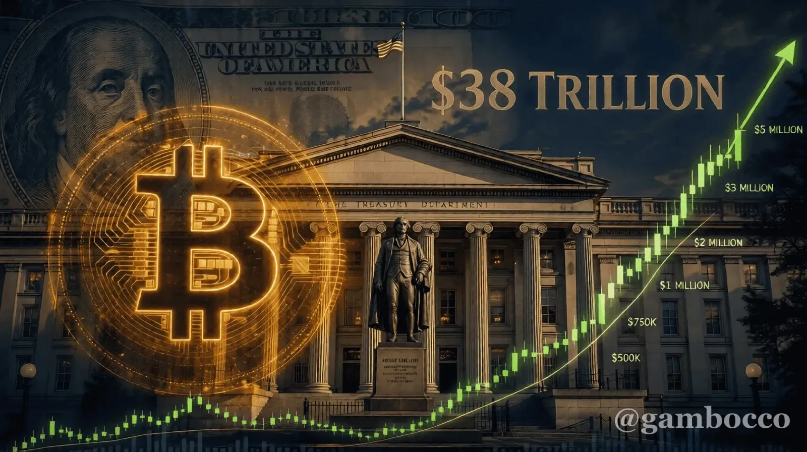 Bitcoin logo overlaid on a US Treasury building with a rising price chart representing national debt coverage