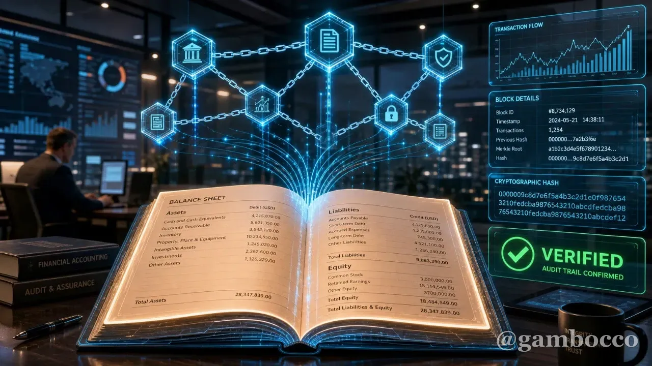 Digital ledger with blockchain nodes connected to accounting balance sheets
