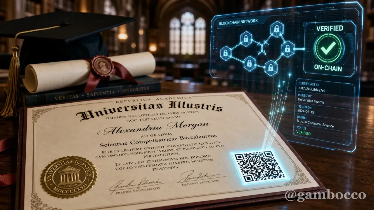 University diploma with a QR code linking to a blockchain verification record