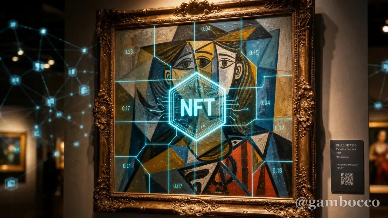 Picasso painting with a digital token overlay representing fractional blockchain ownership