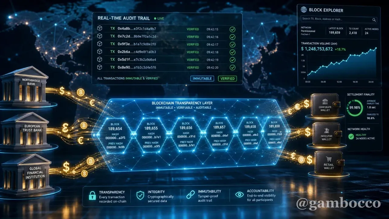 Financial transaction flow with blockchain transparency layer showing real-time audit trail
