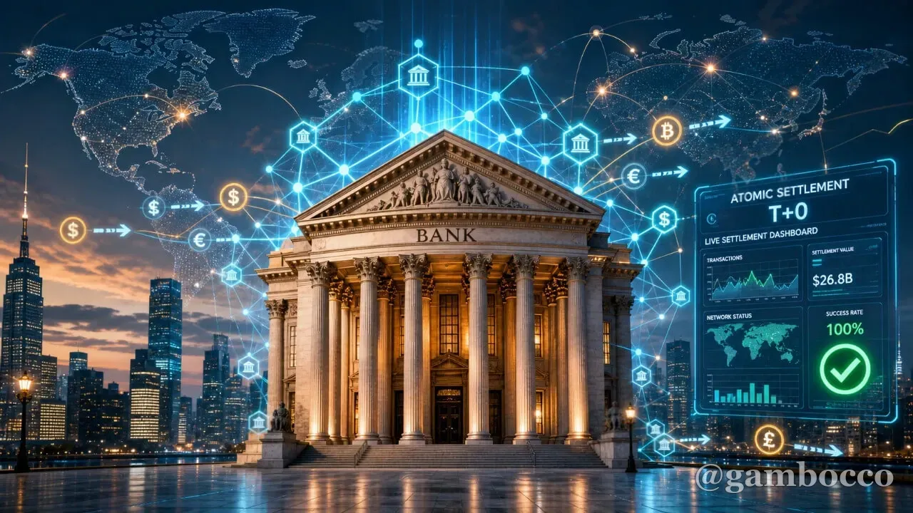 Bank building at dusk with a digital settlement dashboard and currency symbols representing blockchain integration in financial services