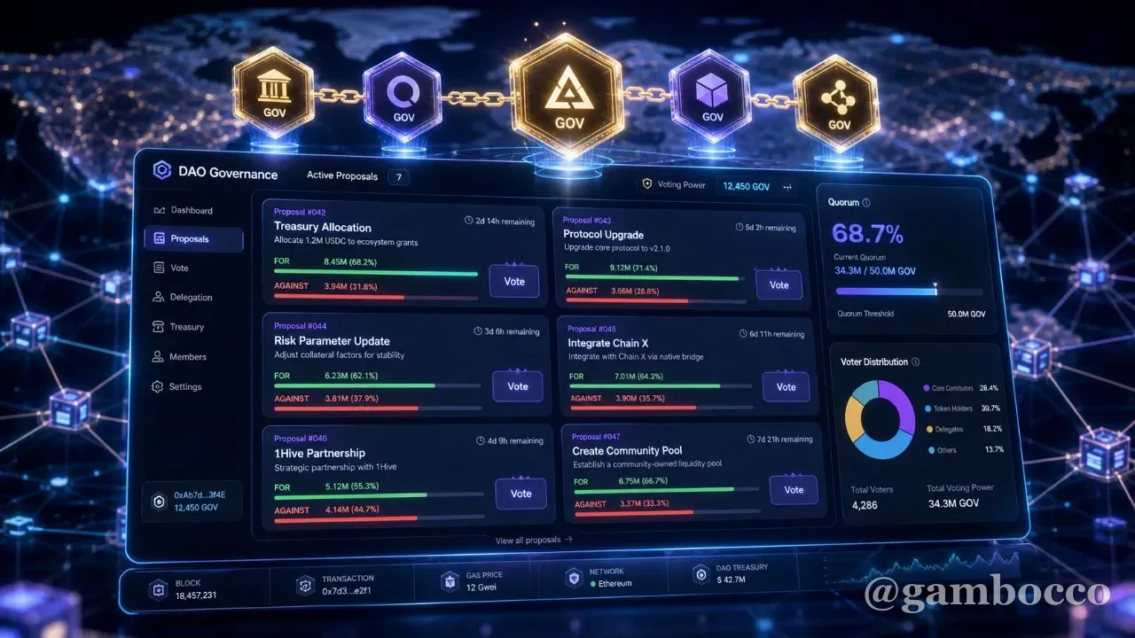 DAO voting interface with blockchain-based governance tokens and proposal cards